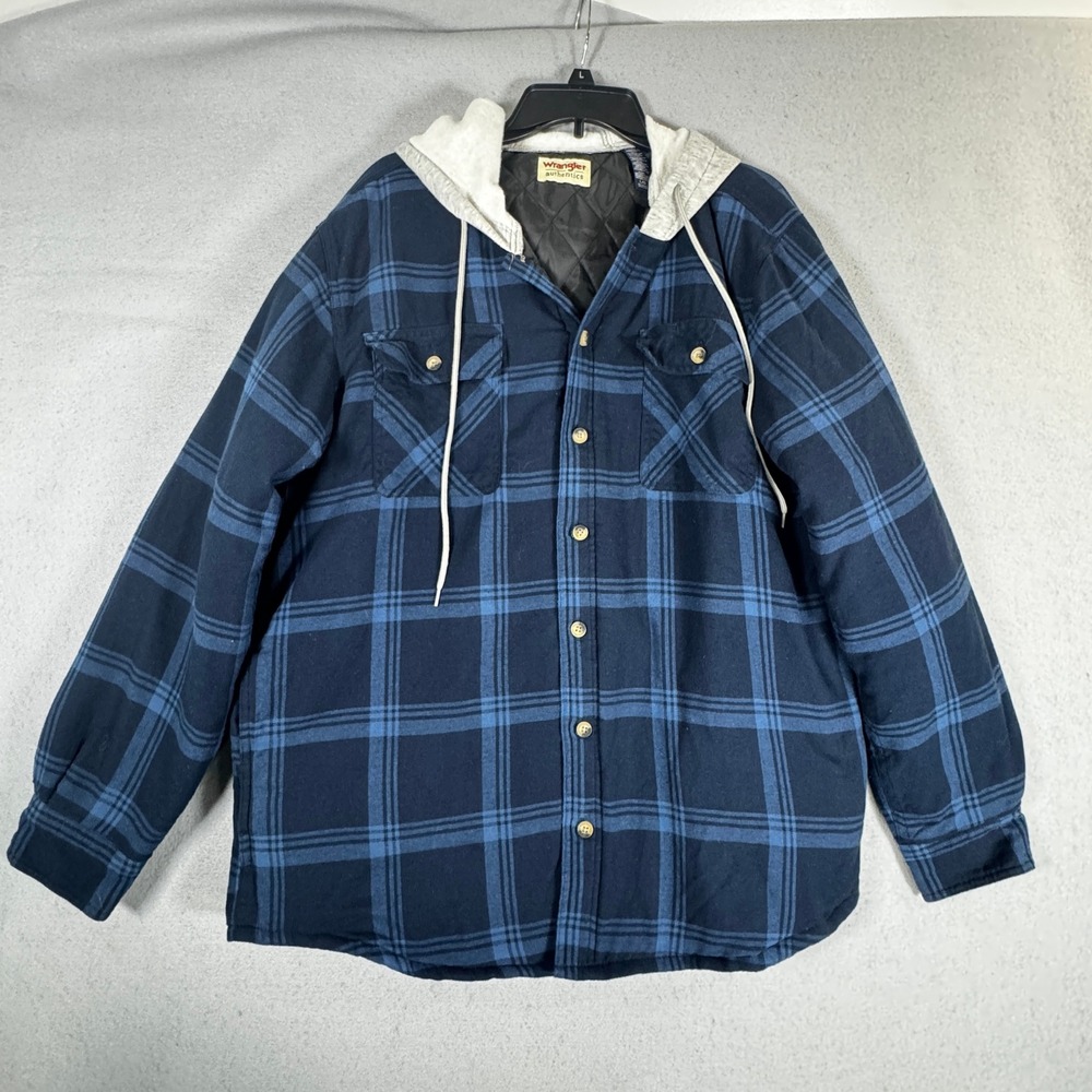 WRANGLER Hooded Flannel Shirt Jacket Blue Plaid Quilted Shacket Men L Lumberjack